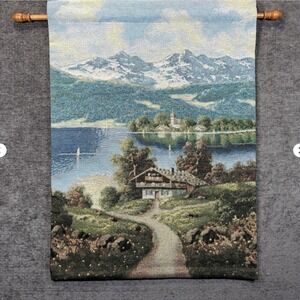 Manual Woodworkers Alpine Chalet Tapestry Wall Hanging 26x36 Mountain Cabin USA